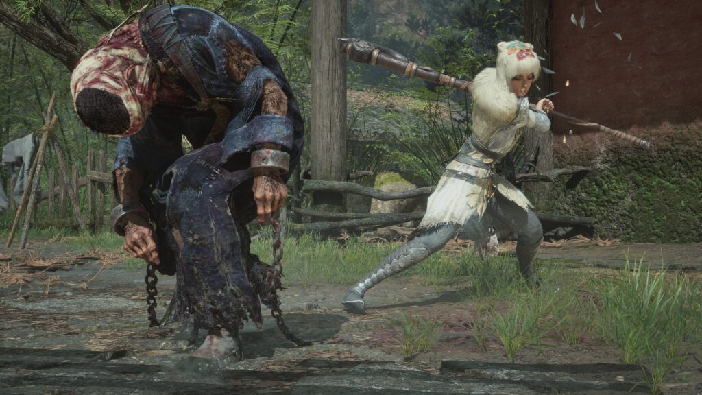Wuchang: Fallen Feathers review | PC Gamer The main character of Wuchang: Fallen Feathers wearing a fluffy white outfit takes a swing as a hunched over enemy