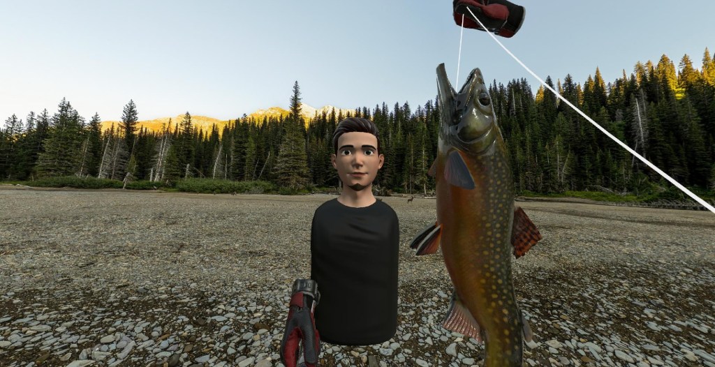 Holding up a trout to the camera in Real VR Fishing