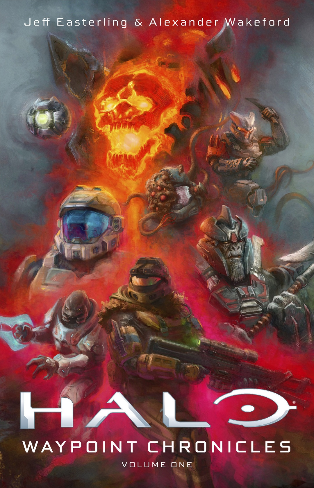 Halo: Waypoint Chronicles - Volume One cover art with mechanicals illustrated by Levi Hoffmeier depicting Despondent Pyre, a Promethean Knight, Ilsa Zane, a Flood-infected Spartan, Laurette Agryna, Escharum, Fahl 'Nto, and Jun-A266