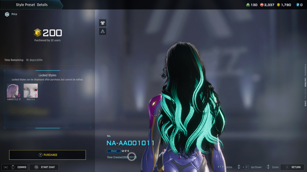 The pilot stands with her back to the camera, wearing a long black hairstyle with aqua streaks.