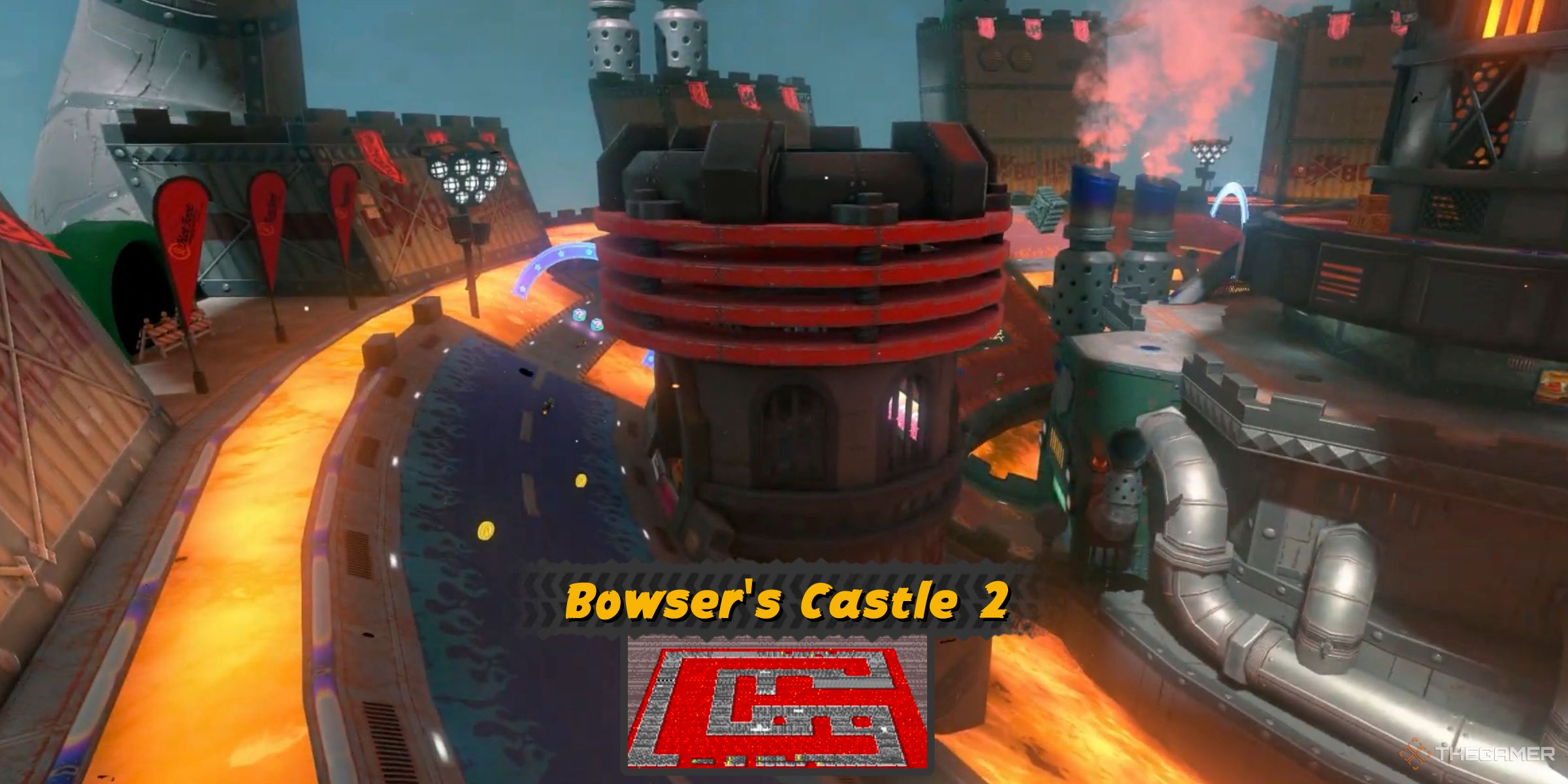 A hidden track simular to Bowser's Castle 2 from Super Mario Kart in Mario Kart World's Free Roam world next to Bowser's Castle.