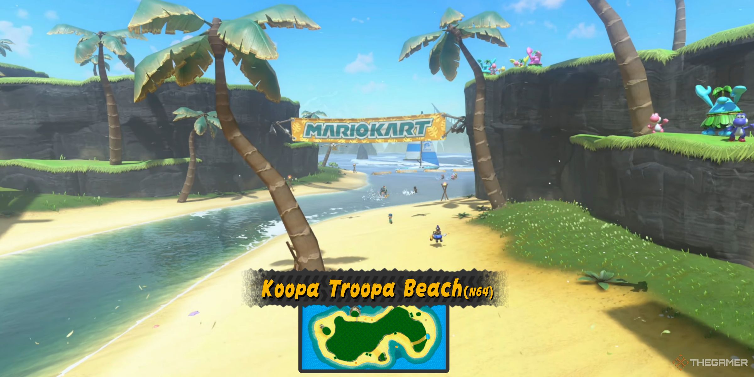A hidden track simular to Koopa Troopa Beach from Mario Kart 64 in Mario Kart World's Free Roam world next to Wario Shipyard.