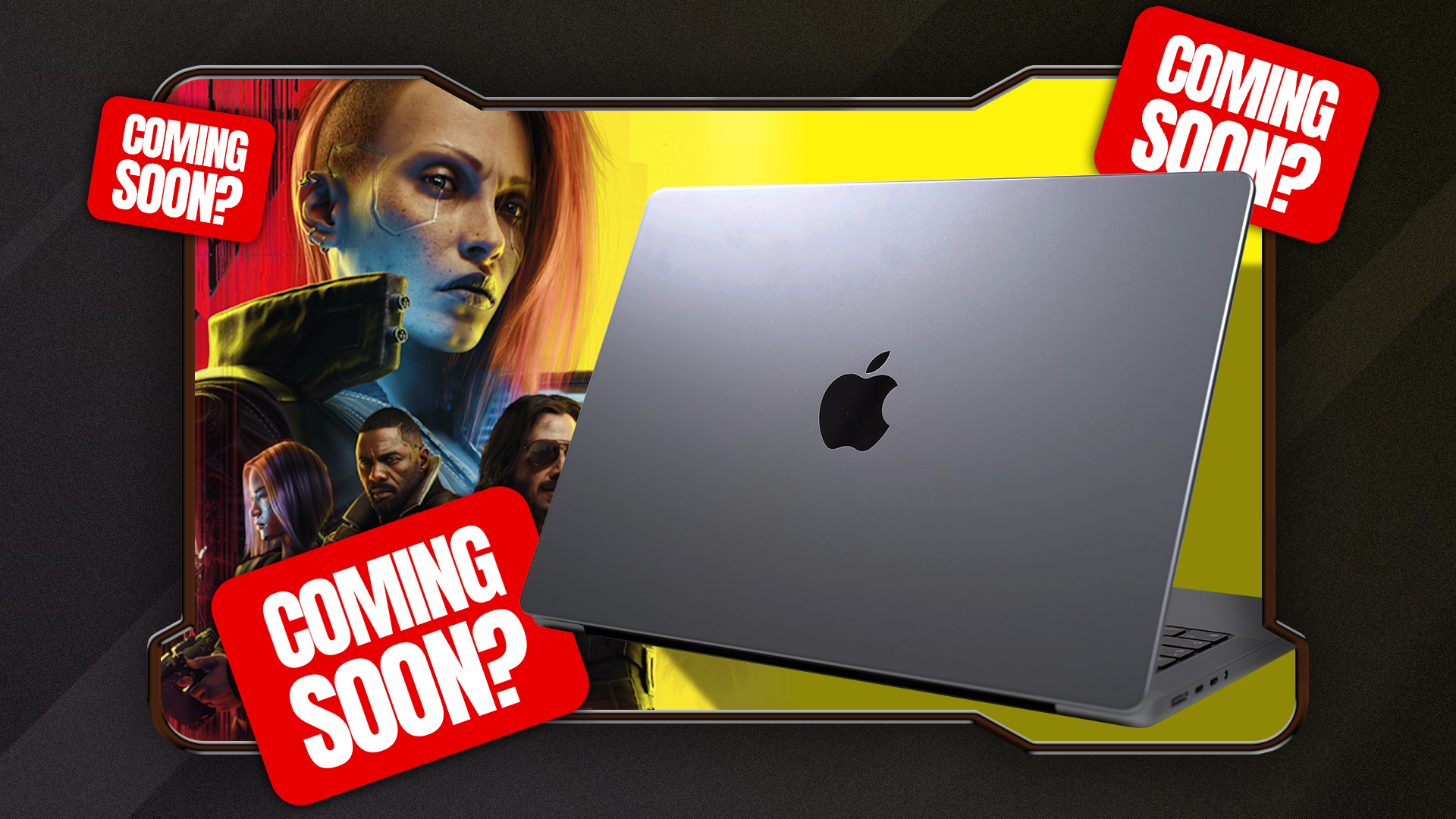A MacBook next to a Cyberpunk 2077 banner, with 'coming soon' stickers around it.