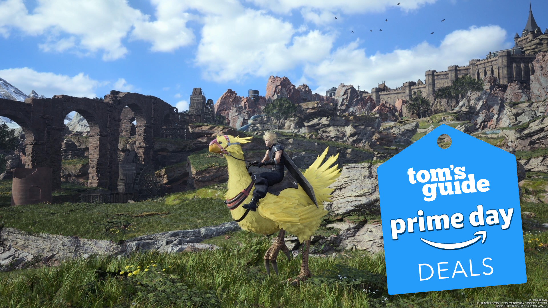 A screenshot of Final Fantasy VII Rebirth showing Cloud on a Chocobo with a Tom's Guide Prime Day Deals tag in the lower right corner