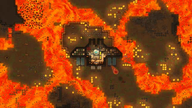 A colony set in an active volcano surrounded by lava in RimWorld.