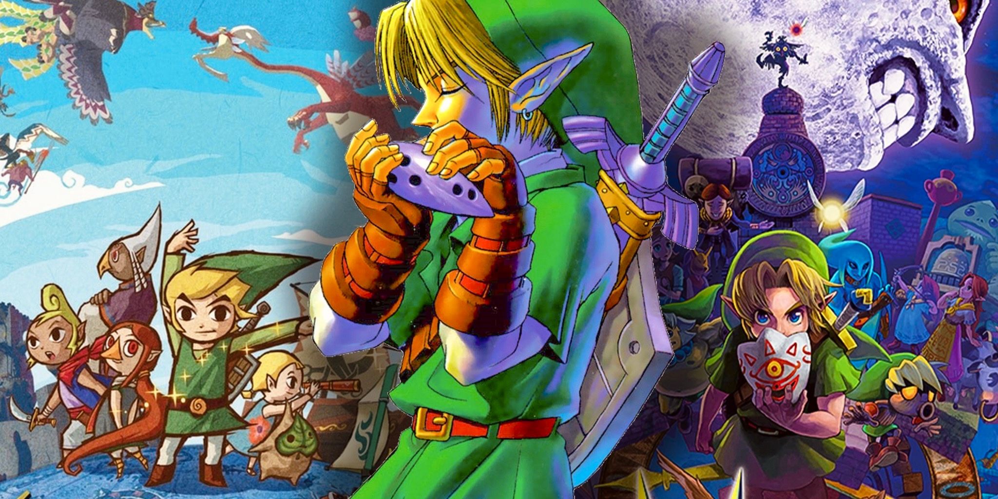 Link from The Legend of Zelda: Ocarina of Time in front of Wind Waker and Majora’s Mask