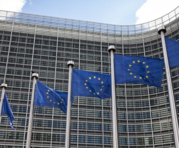 Belgium, Brussels, European Commission, European flags at Berlaymont building