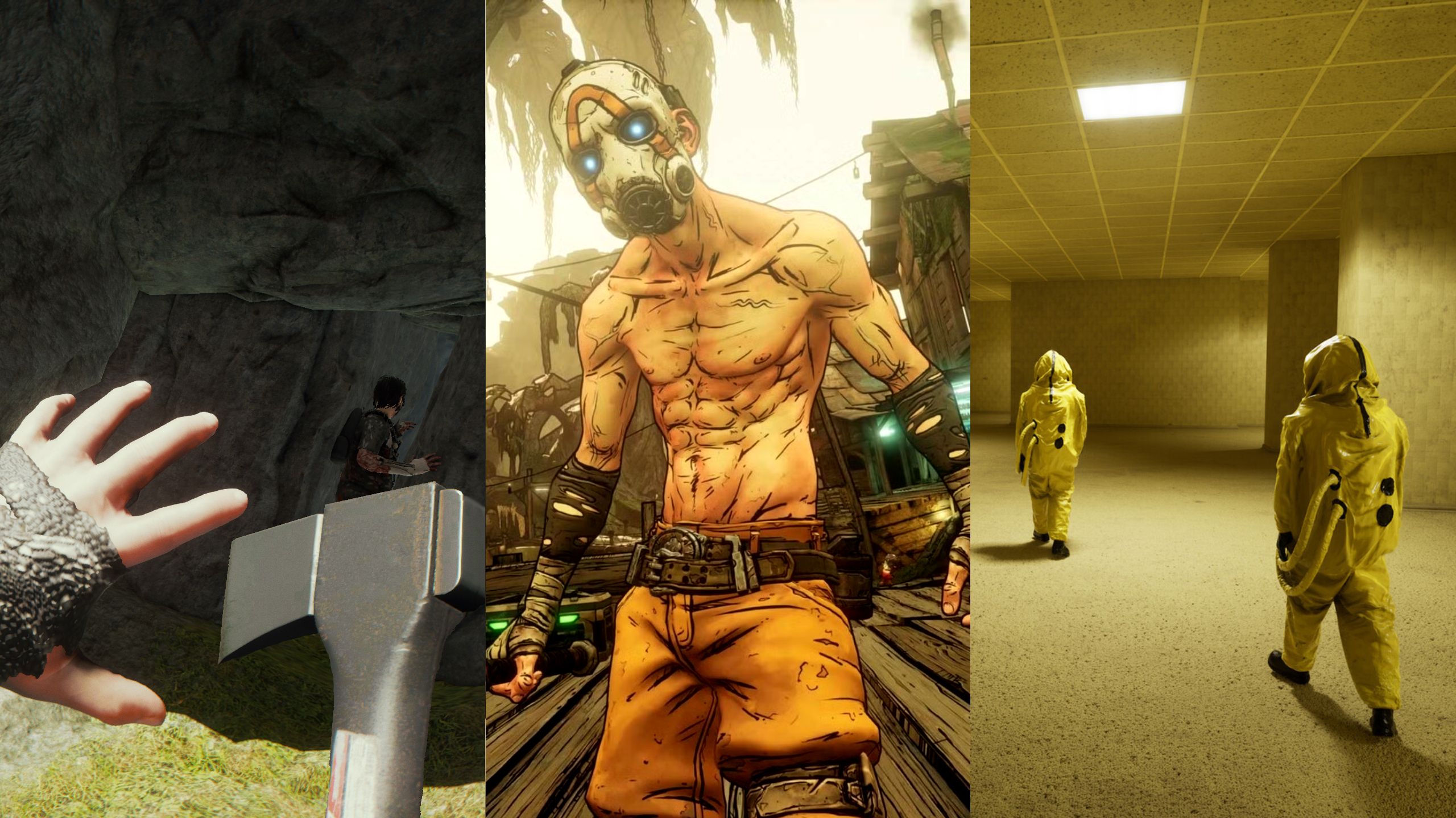Three-picture collage of screenshots from The Forest, Borderlands 3, and Backrooms: Escape Together.