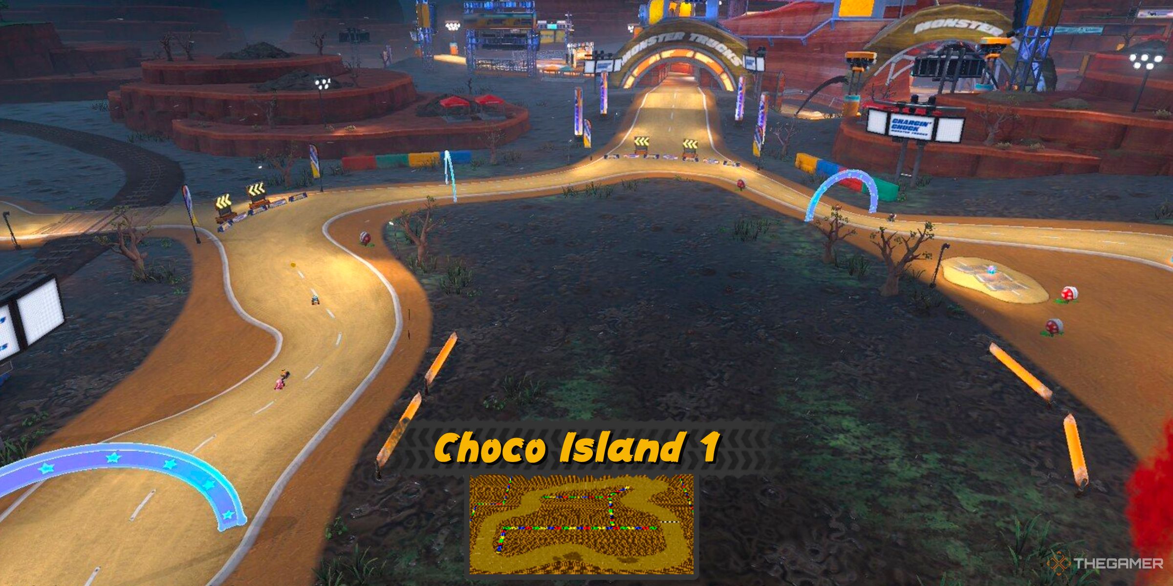 Choco Island 1 from Super Mario Kart in Mario Kart World's Free Roam world next to Choco Mountain.