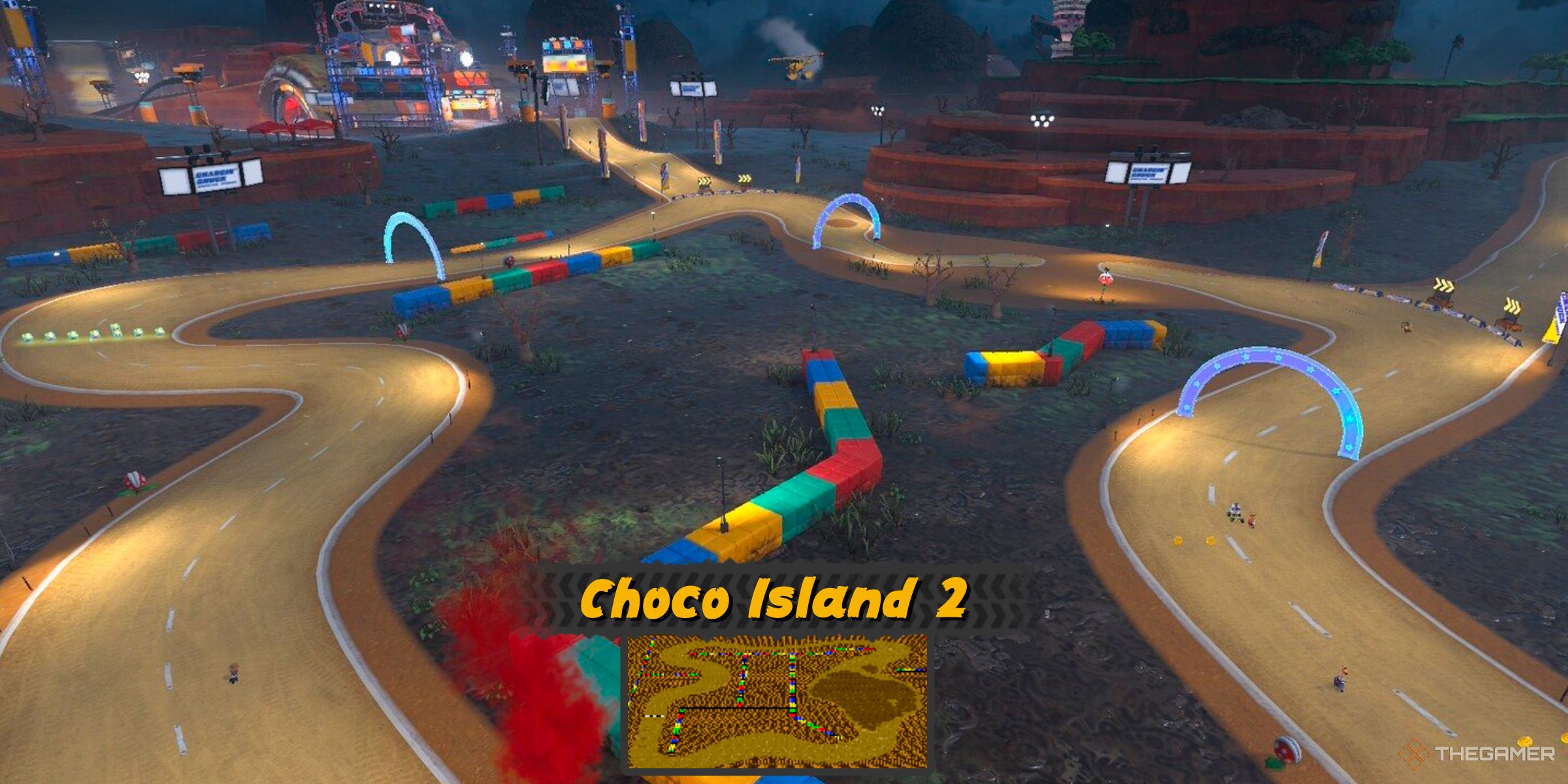 Choco Island 2 from Super Mario Kart in Mario Kart World's Free Roam world next to Choco Mountain.