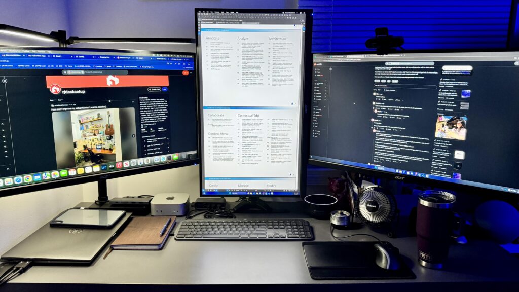 Settled on a rough-draft tonight of my Photo-editing Mac and work PC space tonight.