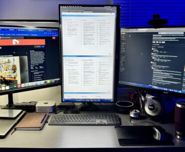 Settled on a rough-draft tonight of my Photo-editing Mac and work PC space tonight.