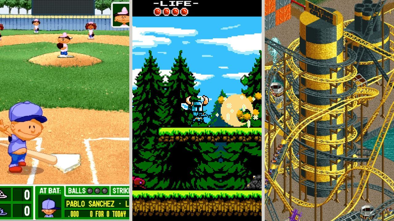 A collage of PC pixel art games that have aged well, including Backyard Baseball, Shovel Knight, and RollerCoaster Tycoon