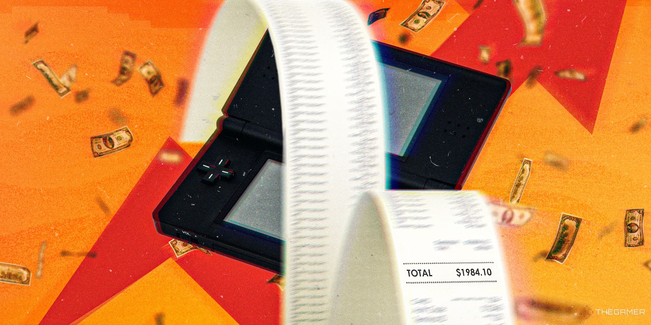 A long receipt on top of a Nintendo DS with bills flying in the background.