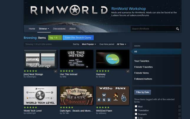 A look at the front page of the RimWorld Workshop on Steam.