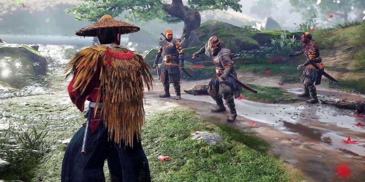 Jin Sakai facing off against several enemies in Ghost of Tsushima.