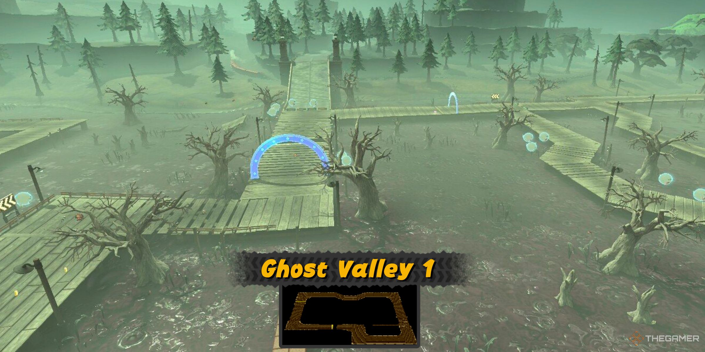 Ghost Valley 1 from Super Mario Kart in Mario Kart World's Free Roam world next to Boo Cinema.
