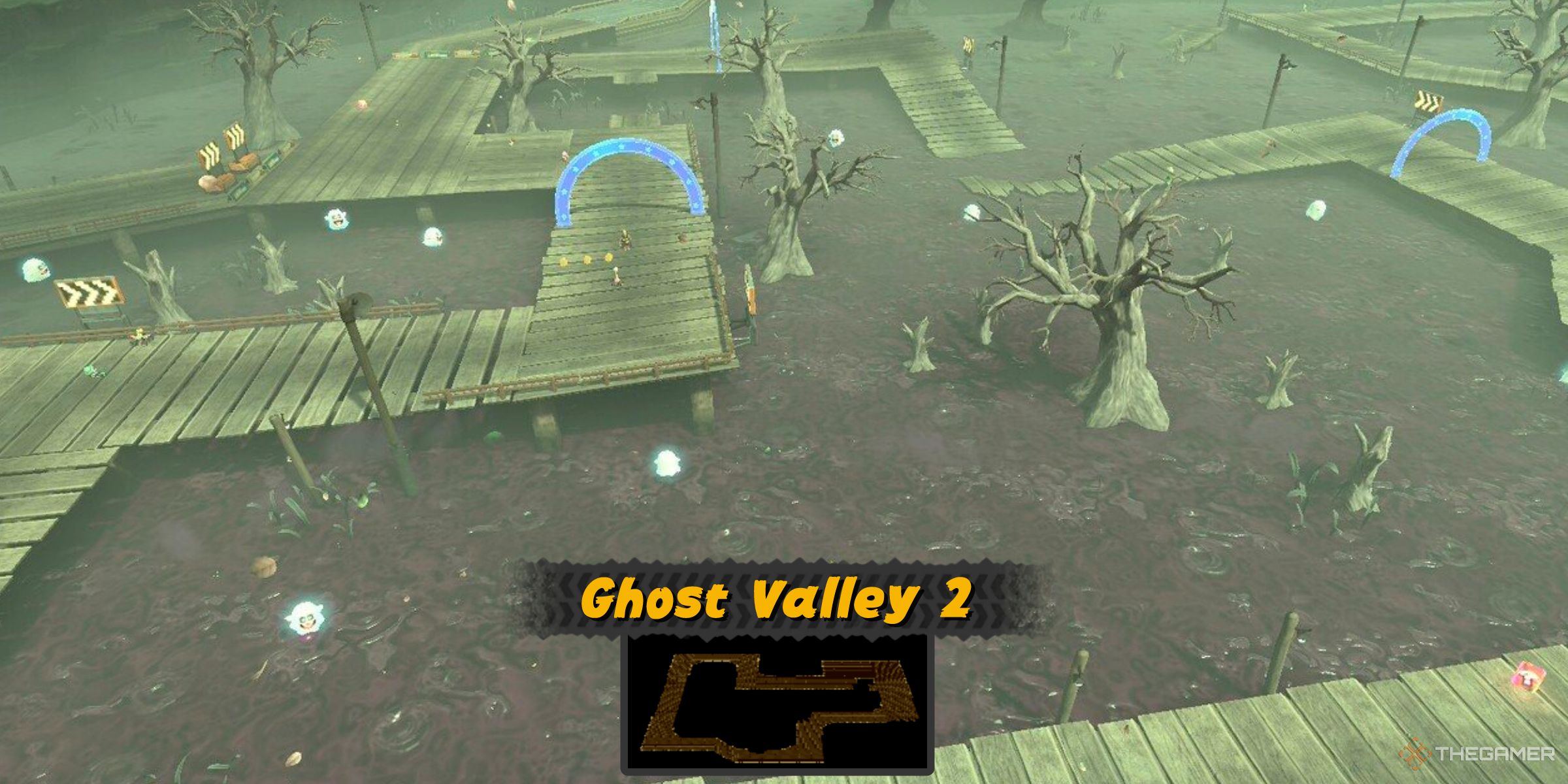 Ghost Valley 2 from Super Mario Kart in Mario Kart World's Free Roam world next to Boo Cinema.