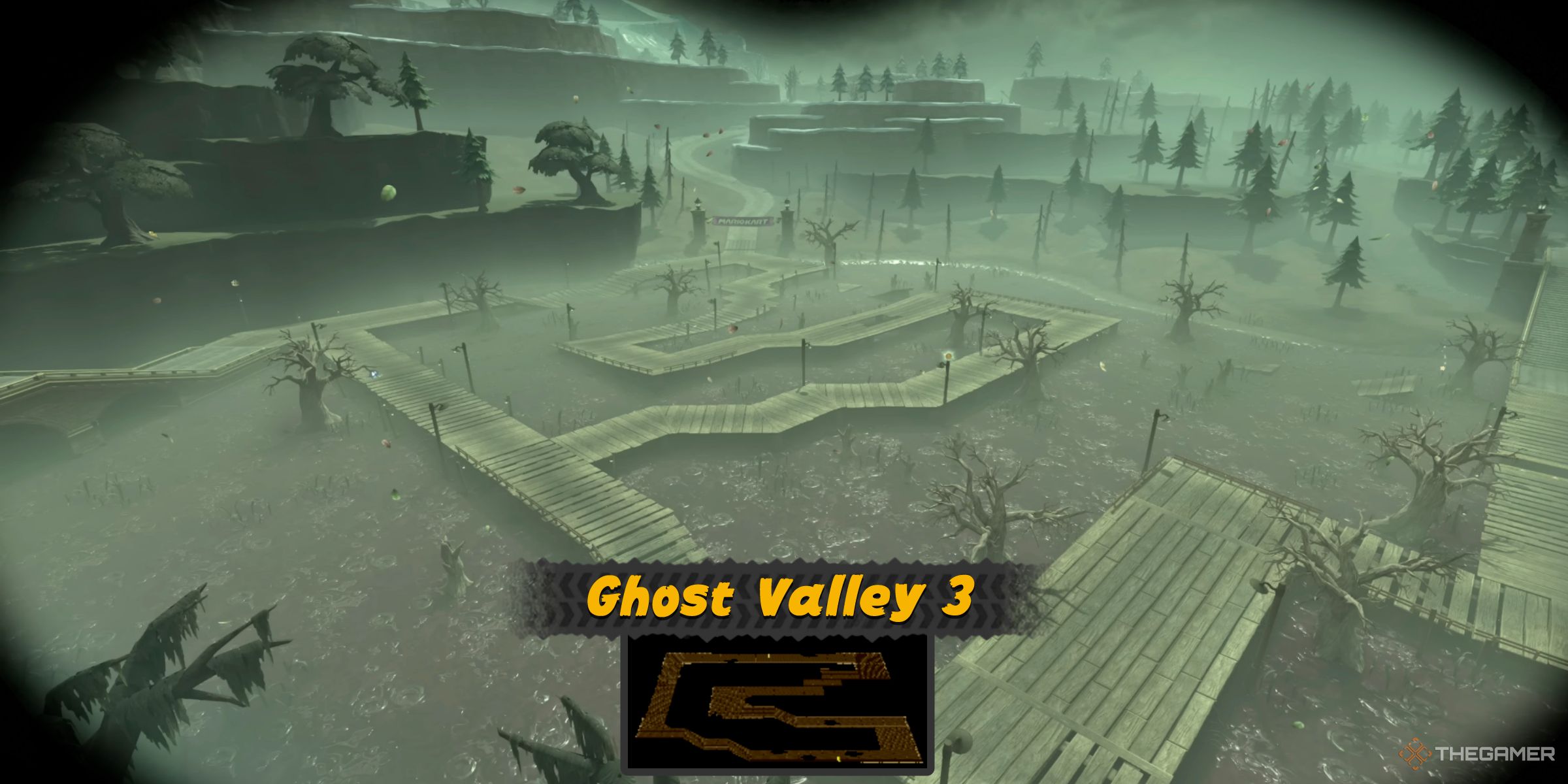 Ghost Valley 3 from Super Mario Kart in Mario Kart World's Free Roam world next to Boo Cinema.