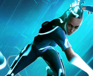 Exo throws an identity disc in the key art for Tron: Catalyst.