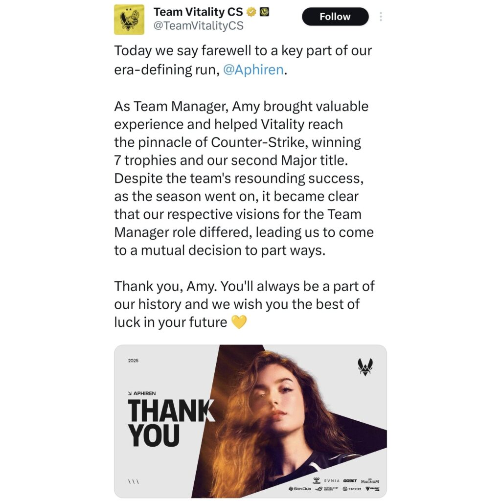 Vitality and Aphiren (Team Manager) part away