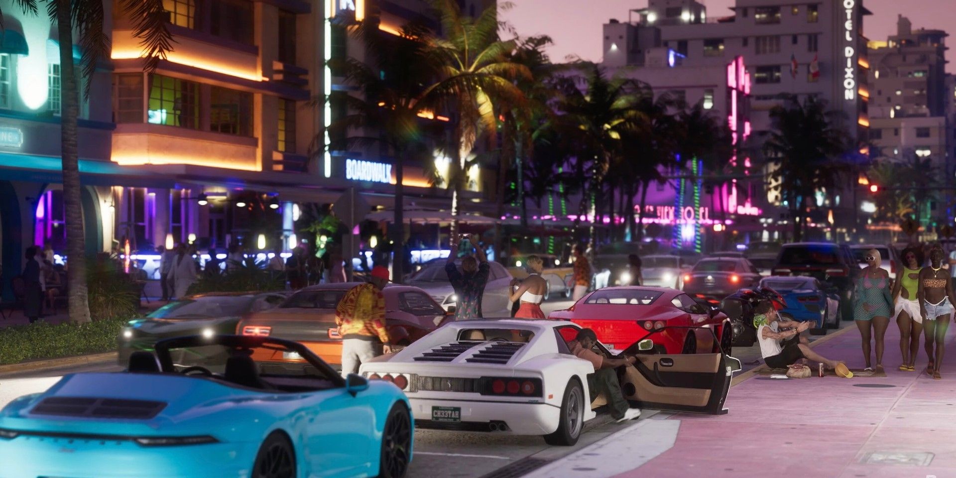 Sports cars lined up on a city street in Grand Theft Auto 6