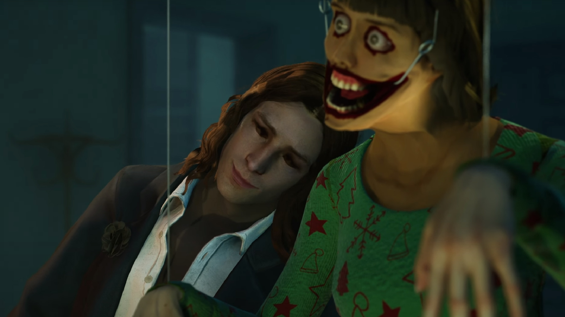 Creepy vampire man snuggles up with a nightmarish figure with hooks in their mouth.