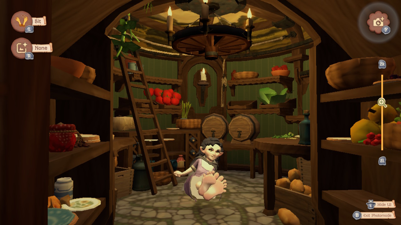 A female hobbit sits on the floor of her pantry, legs crossed.