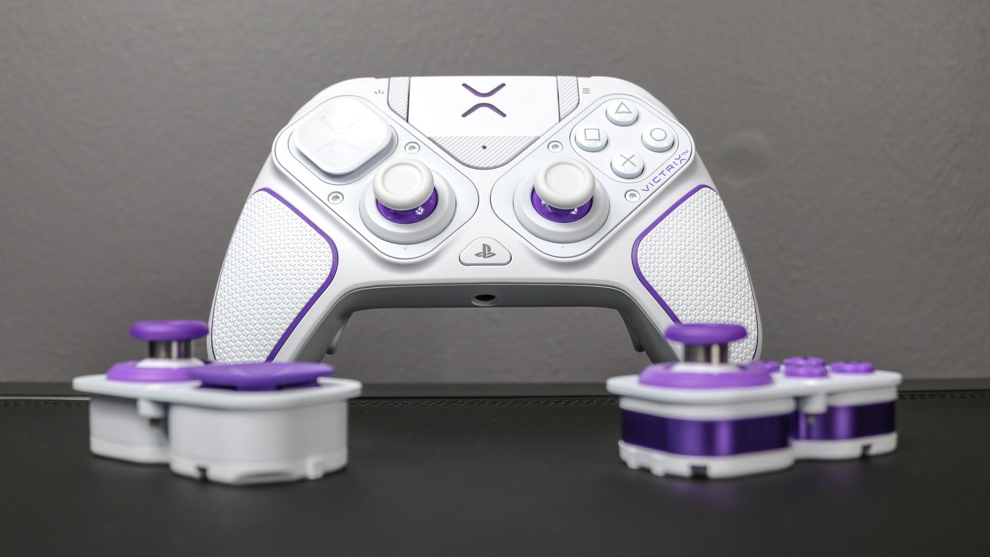 The Victrix Pro BFG Controller with PDP's new Hall Effect modules in front of it on a desk