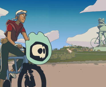 A person riding a bike through an open world
