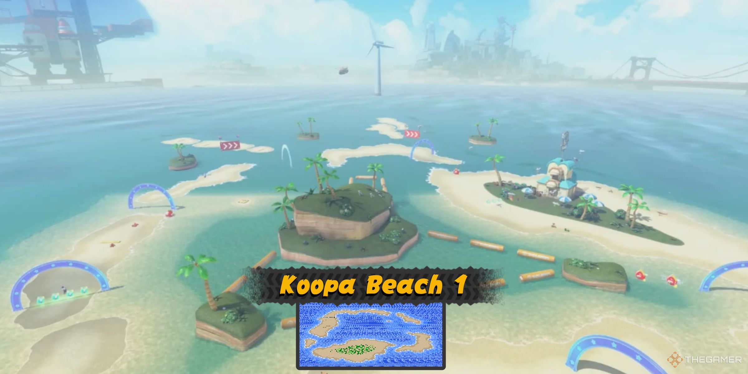 Koopa Beach 1 from Super Mario Kart in Mario Kart World's Free Roam world next to Koopa Troopa Beach.