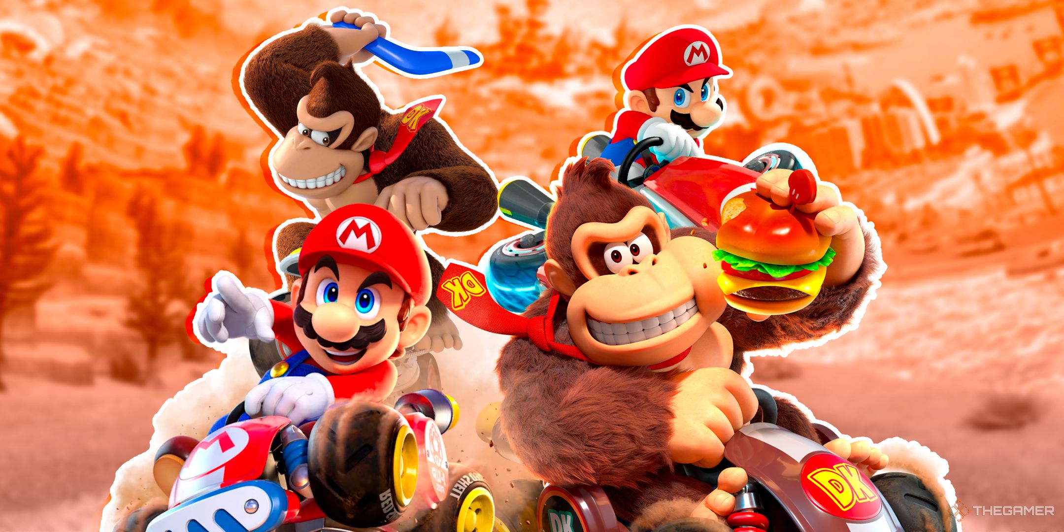Mario and Donkey Kong from Mario Kart World racing with their Mario Kart 8 Deluxe designs behind them.