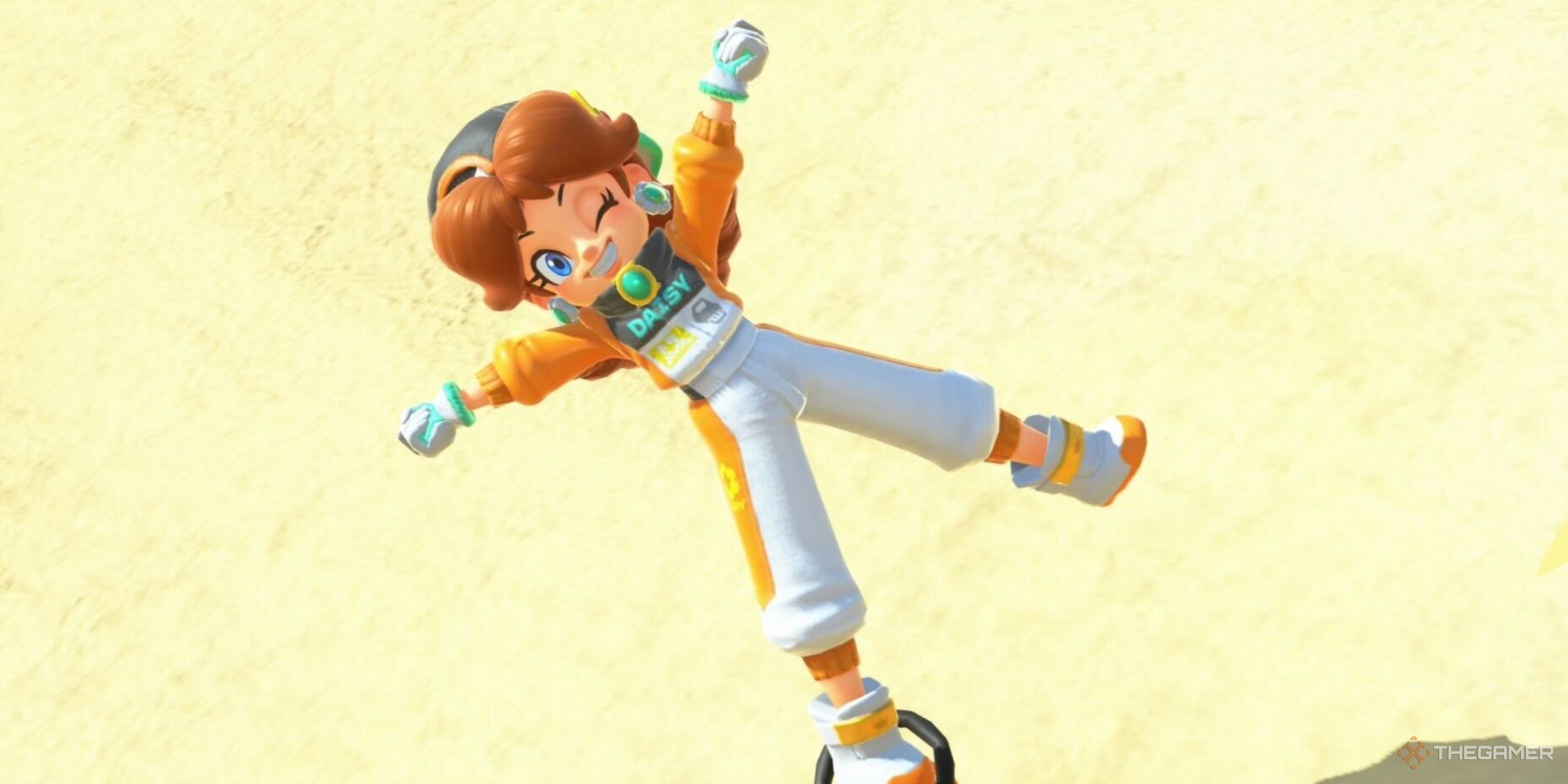 Daisy does a star jump during photo mode in Mario Kart World.