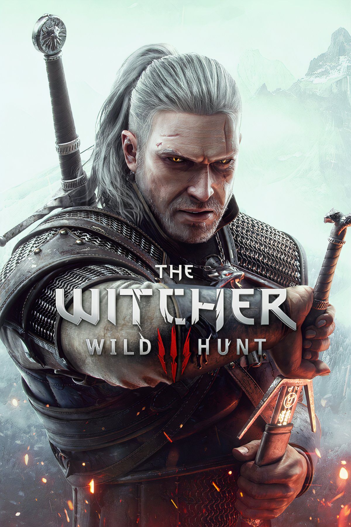 Geralt is unsheathing his sowrd while sparks fly beneath him on the poster The Witcher 3: Wild Hunt.