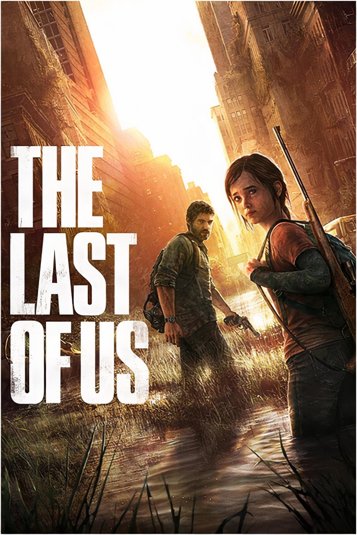 The cover of The Last of Us depicts Joel and Elle looking behind themselves while walking through a deserted city.