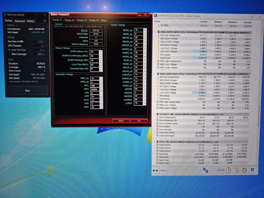 7000 Dual Rank A die (6400c32 to 7000c32) on a 14900k W a z690 Unify X.
