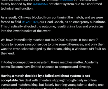G2 Academy Star Awper Kl1m got falsely banned after map 1 causing them to lose the series.