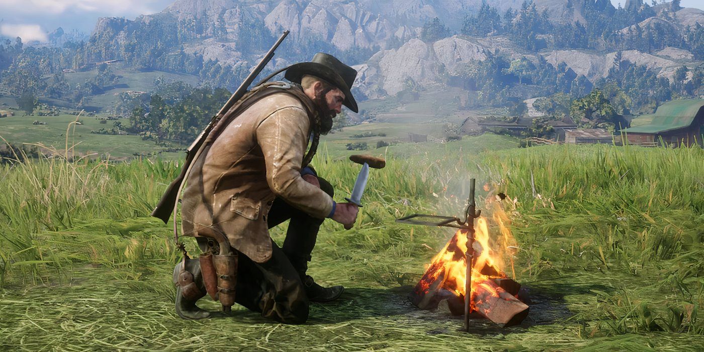 Arthur cooking at a campfire in Red Dead Redemption 2.