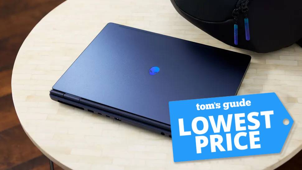 Alienware 16X Aurora closed on table with Tom's Guide Lowest Price badge