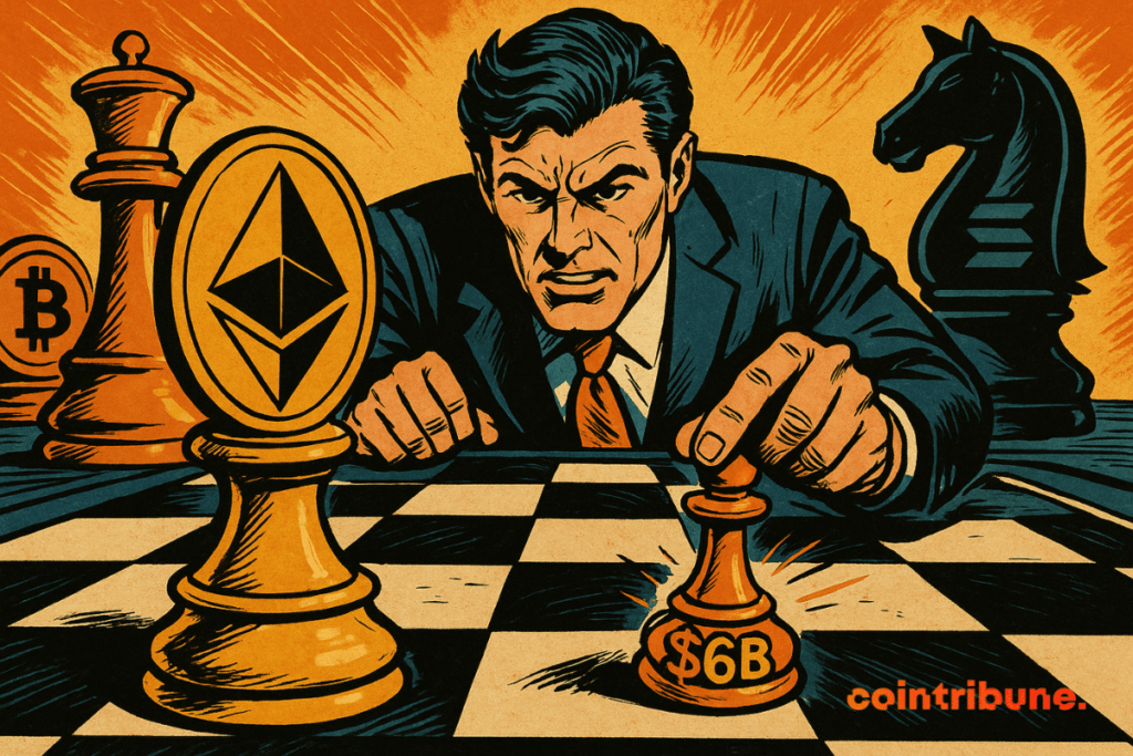 A man in a suit plays chess with crypto pieces, placing a B pawn near an Ethereum king in a bold 1970s comic book style.