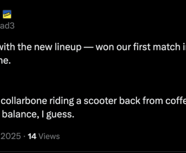 B1ad3 apparently broke his collarbone riding a scooter back from coffee this morning, that's why he was wearing an arm sling