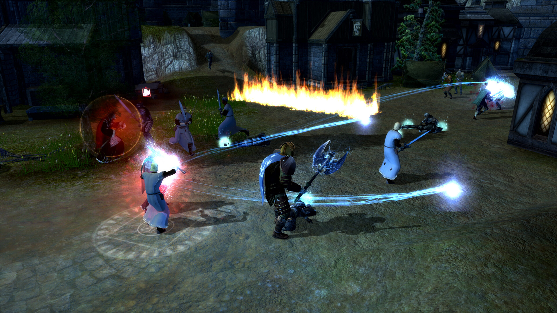 A group of adventurers battles in the streets of a city during the night in Neverwinter Nights 2