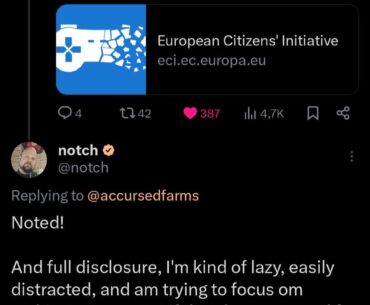 Notch (Markus Persson, Minecraft creator) offers financial support for the Stop Killing Games campaign.