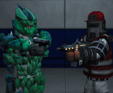 Two new armour sets in abiotic factor. One looks like a green crystal lizard, the other like a red construction worker's vest and hard hat combined with a welding mask.