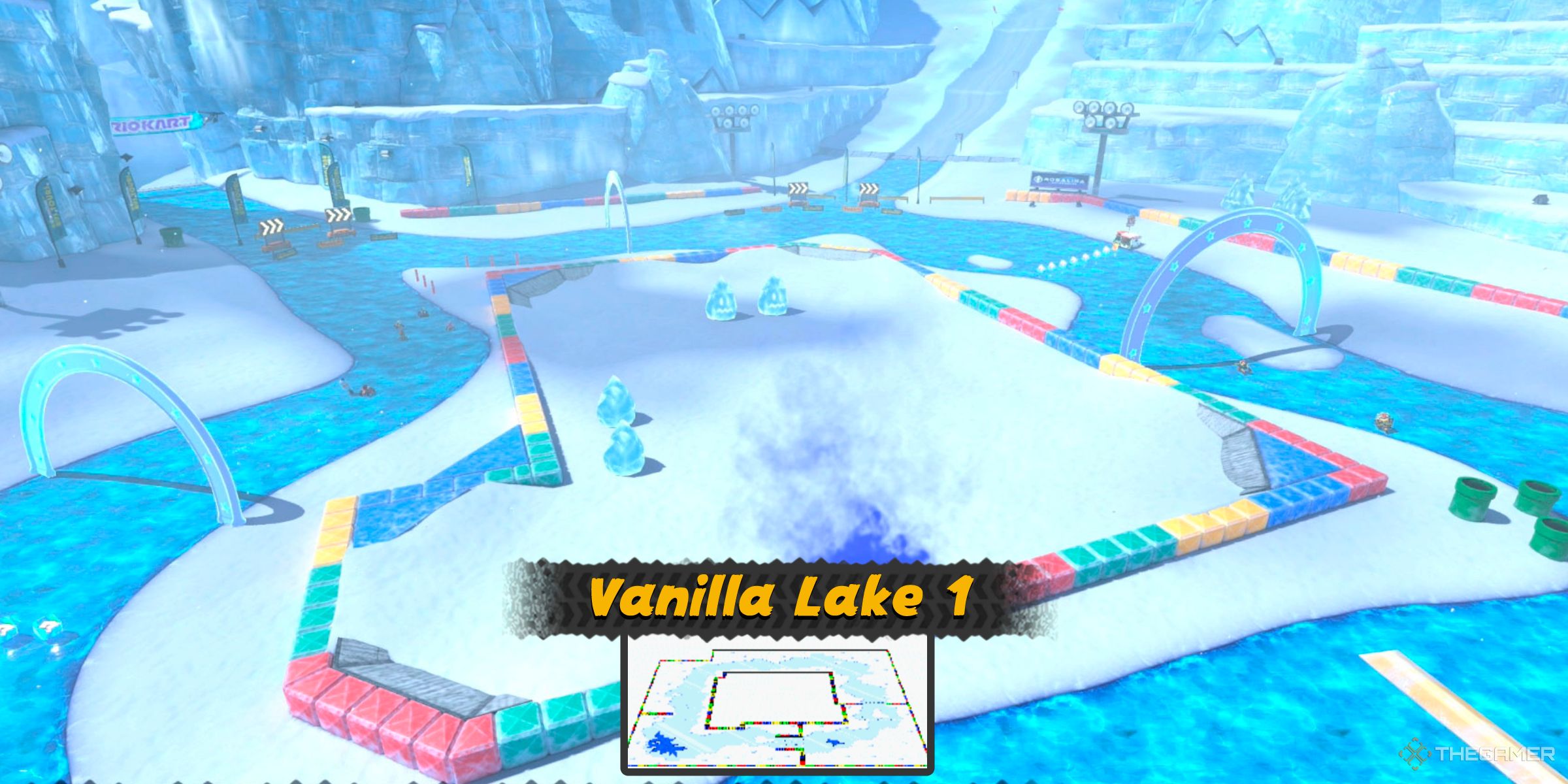 Vanilla Lake 1 from Super Mario Kart in Mario Kart World's Free Roam world next to Sky-High Sundae.