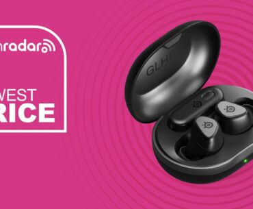 The SteelSeries Arctis GameBuds on a magenta background with white lowest price text