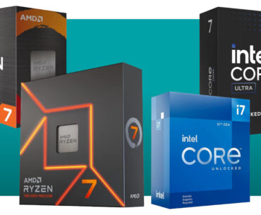 A collage of AMD and Intel CPU retail packaging images against a teal background with a white border