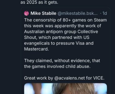The censorship of 80+ games on Steam this week was apparently the work of Australian antiporn group Collective Shout, which partnered with US evangelicals to pressure Visa and Mastercard.