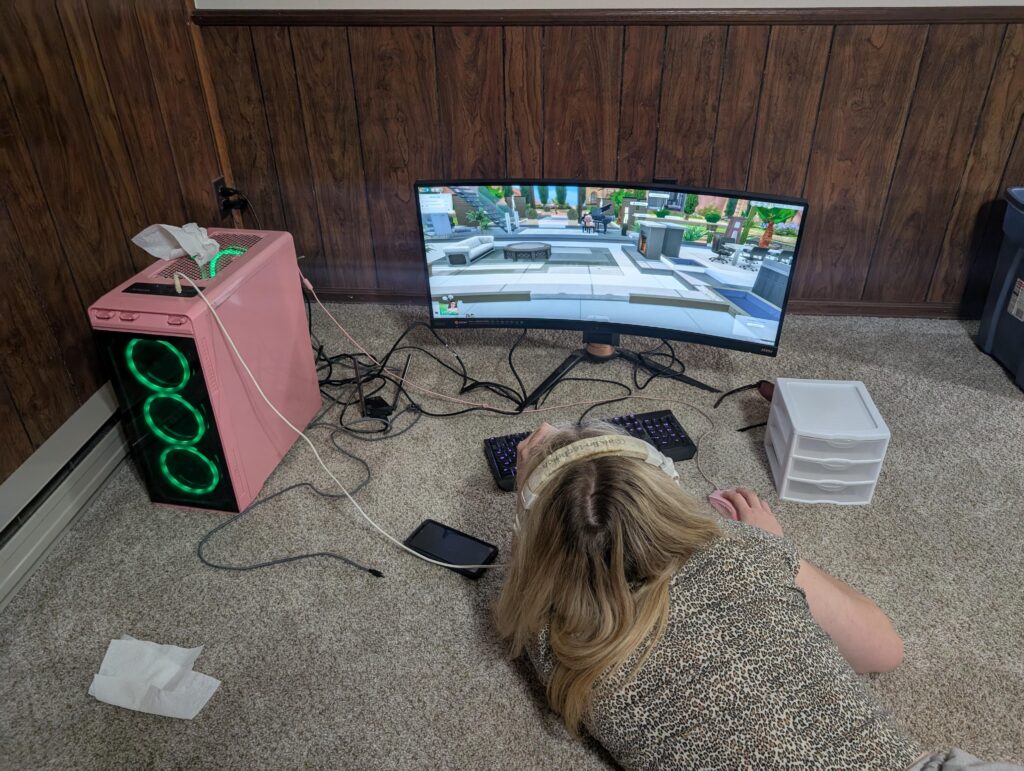 My Wife's Gaming Setup. No desk, no mousepad, no chair.