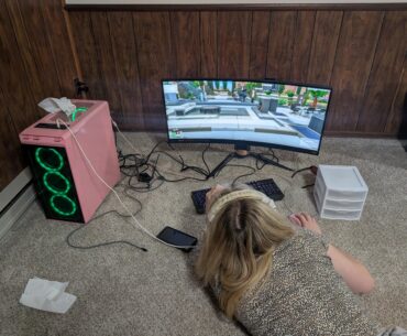 My Wife's Gaming Setup. No desk, no mousepad, no chair.